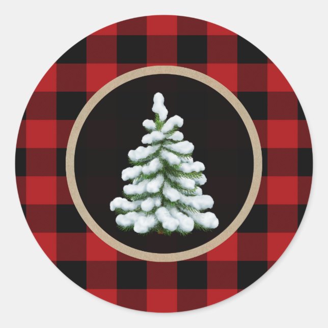 White Christmas Tree Holiday Red Buffalo Plaid Classic Round Sticker (Front)