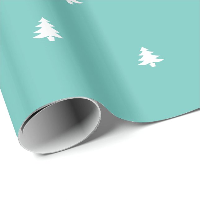 White Christmas Tree Iconic Pattern Festive Teal Wrapping Paper (Roll Corner)