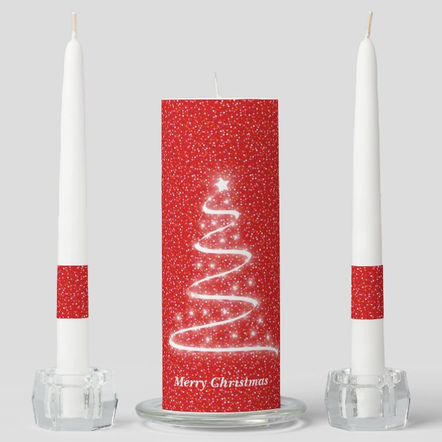 White Christmas Tree on Glittering Red Unity Candle Set (Front)
