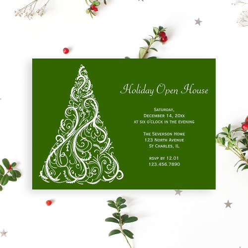 White Christmas Tree Holiday Open House Invitation