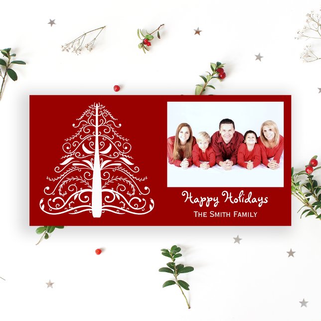 White Christmas Tree on Red Happy Holidays Holiday Card (Creator Uploaded)
