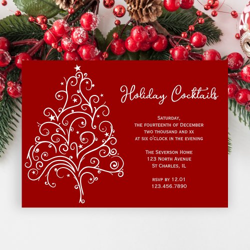 White Christmas Tree on Red Holiday Cocktail Party Invitation
