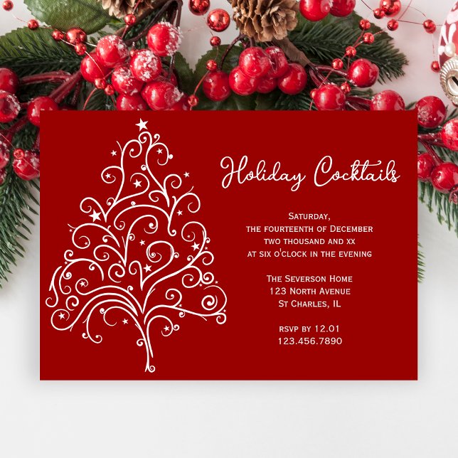 White Christmas Tree on Red Holiday Cocktail Party Invitation (Creator Uploaded)