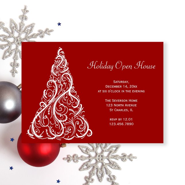 White Christmas Tree on Red Holiday Open House Invitation (Creator Uploaded)