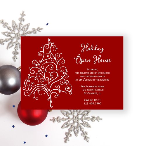 White Christmas Tree Holiday Open House Invitation