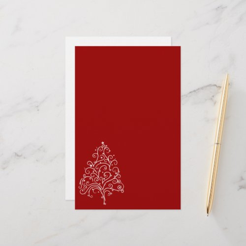 White Christmas Tree on Red Holiday Stationery