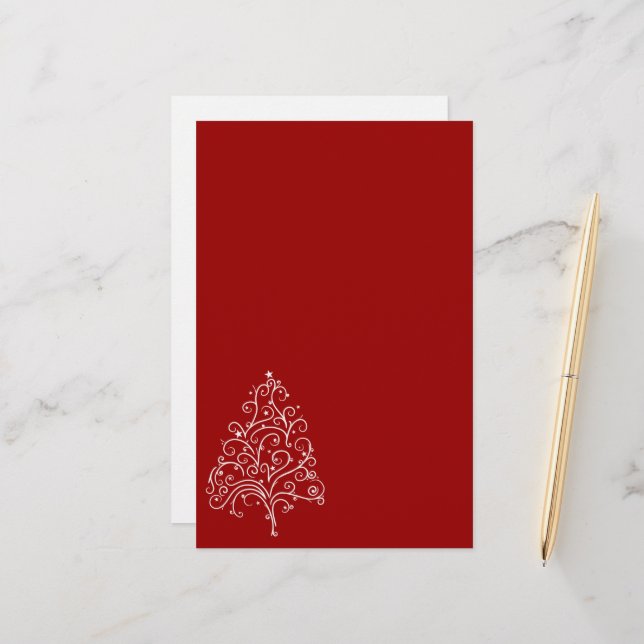 White Christmas Tree on Red Holiday Stationery (Front/Back In Situ)