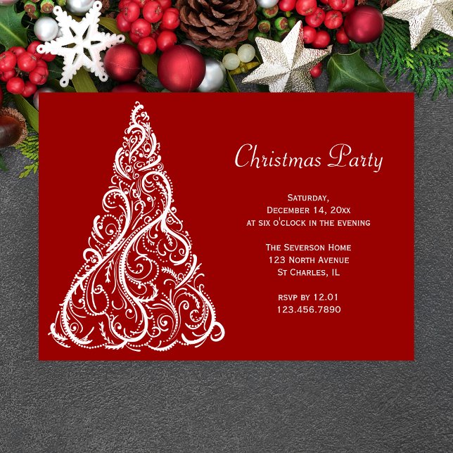 White Christmas Tree on Red Party Invitation (Creator Uploaded)