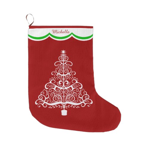 White Christmas Tree on Red Personalized Large Christmas Stocking