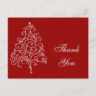 White Christmas Tree on Red Thank You Postcard