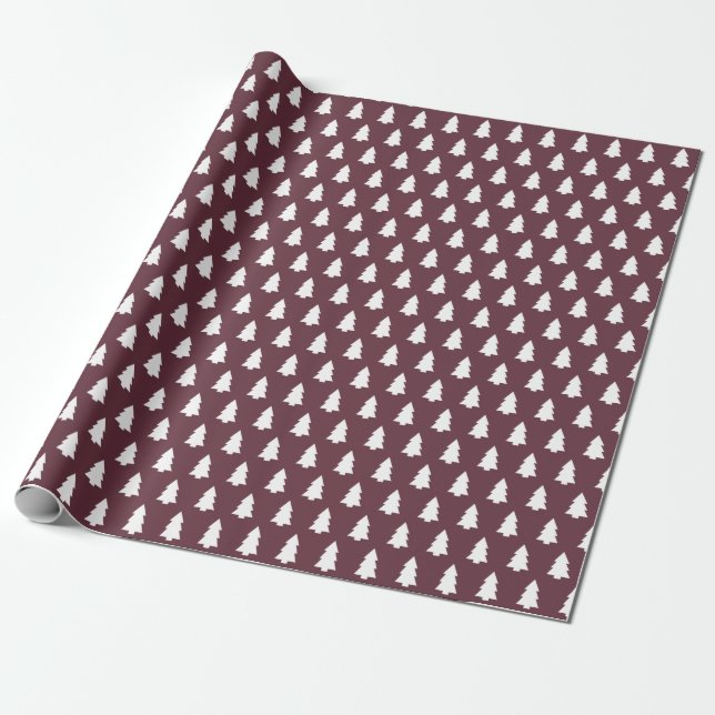 White Christmas Tree Pattern Burgundy Wrapping Paper (Unrolled)