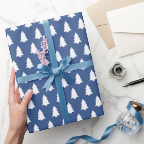 White Christmas Tree Pattern Classic Blue Wrapping Paper