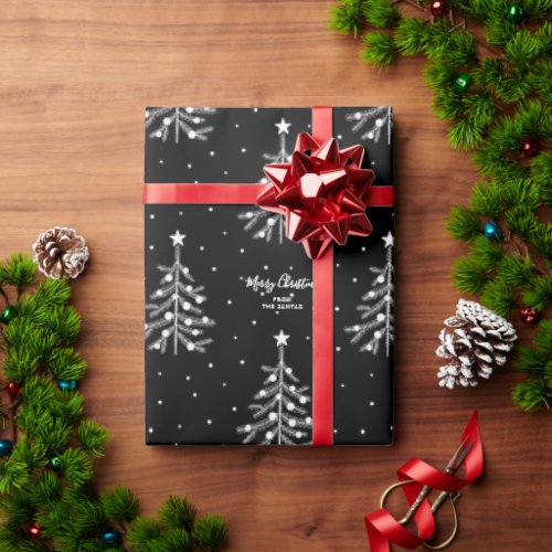 White Christmas Tree Pattern Custom Text Black Wrapping Paper