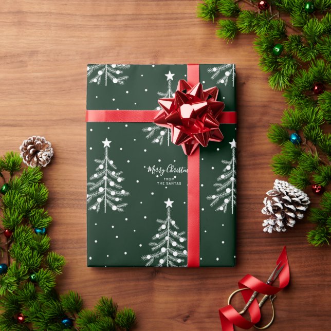White Christmas Tree Pattern Custom Text Green Wrapping Paper (Holiday Gift)