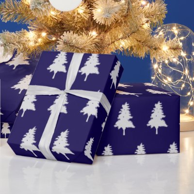 White Christmas Tree Pattern Dark Blue Holiday Wrapping Paper