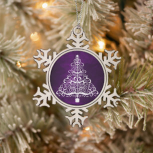 White Christmas Tree Purple Snowflake Pewter Christmas Ornament