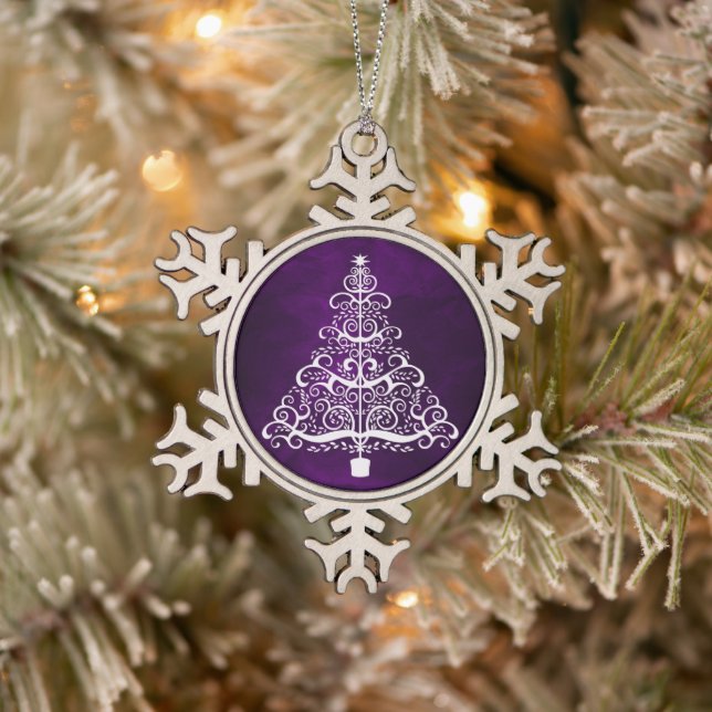 White Christmas Tree Purple Snowflake Pewter Christmas Ornament (Tree)