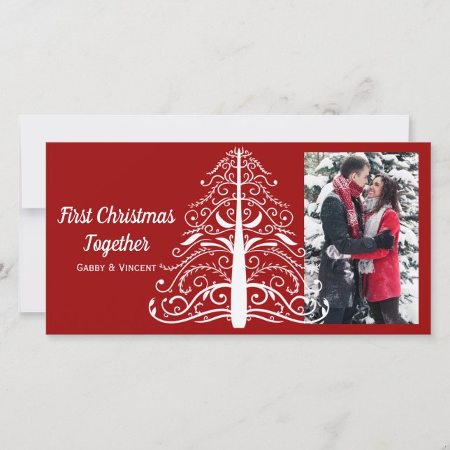 White Christmas Tree Red First Christmas Together Holiday Card (Front)