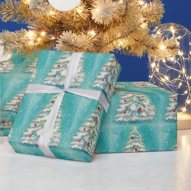 White Christmas Tree Red Green Blue Balls Wrapping Paper (Holidays)