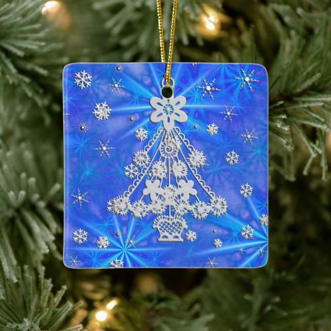 White Christmas Tree Snowflakes Over Blue Ceramic Ornament (Tree)