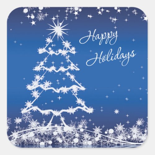 White Christmas tree snowflakes stars on blue Square Sticker