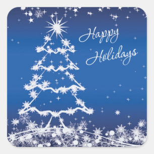White Christmas tree, snowflakes, stars on blue Square Sticker