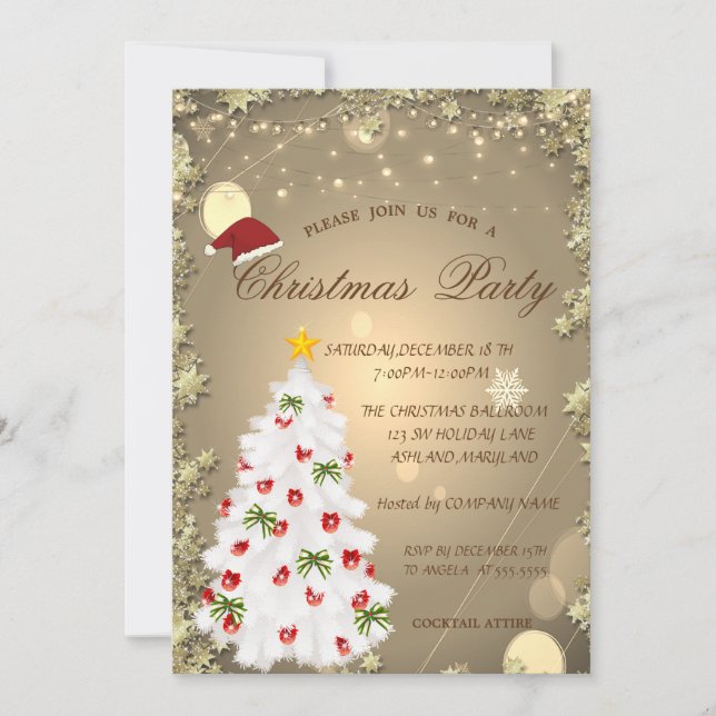 White Christmas Tree,Stars Christmas Company Party Invitation (Front)