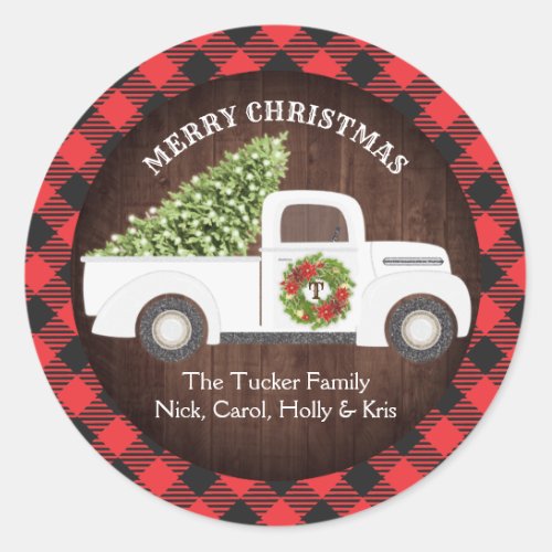 White Christmas Tree Truck Wreath Plaid Monogram Classic Round Sticker