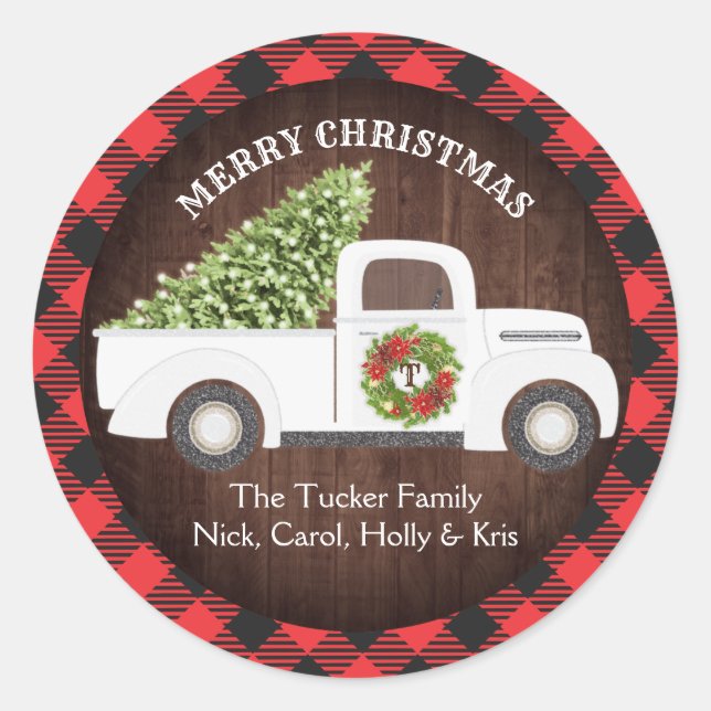 White Christmas Tree Truck Wreath Plaid Monogram Classic Round Sticker (Front)