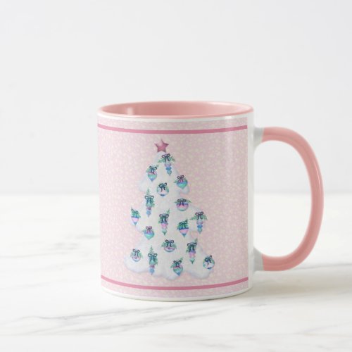 White Christmas Tree w Watercolor Ornaments Pink Mug