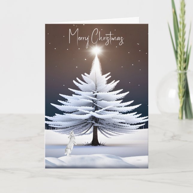 White Christmas Tree With Bunny Holiday Card (Front)
