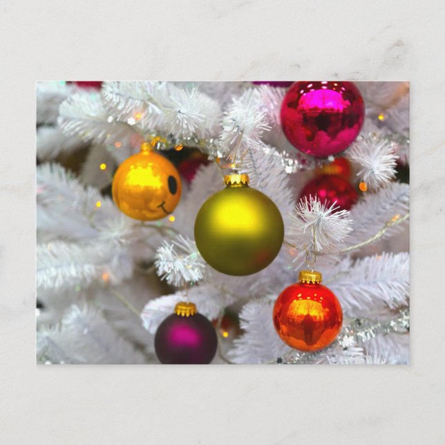White Christmas Tree With Colorful Baubles Postcard (Front)