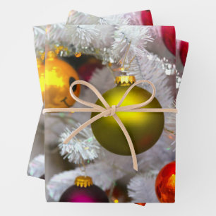 White Christmas Tree With Colorful Baubles Wrapping Paper Sheets