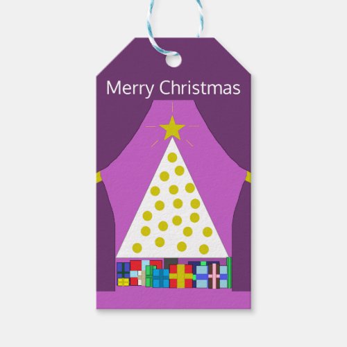 White Christmas Tree with Purple Curtains Gift Tags