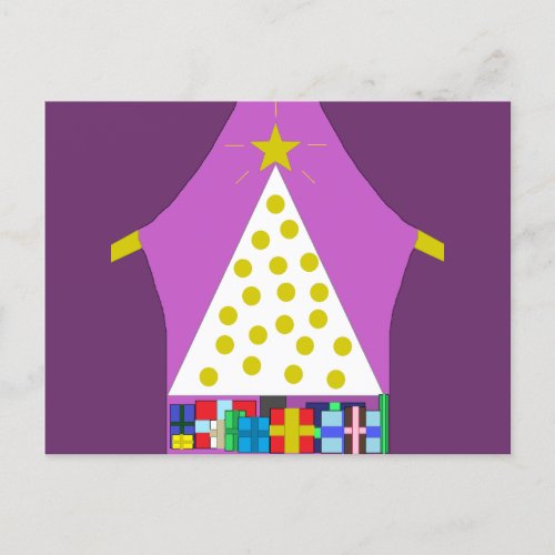 White Christmas Tree with Purple Curtains Holiday Postcard