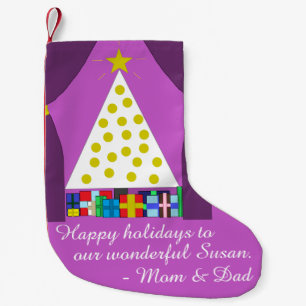 White Christmas Tree with Purple Curtains Small Christmas Stocking