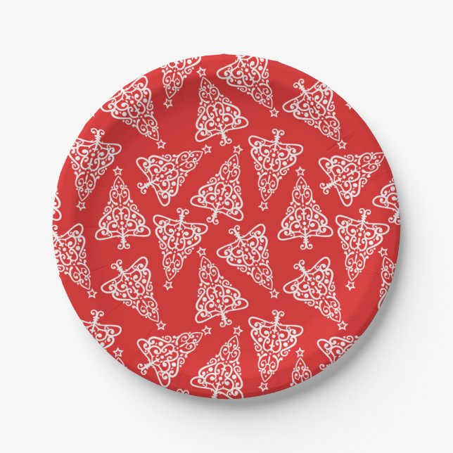 White Christmas Tree with Red Backing Round  Paper Plates (Front)