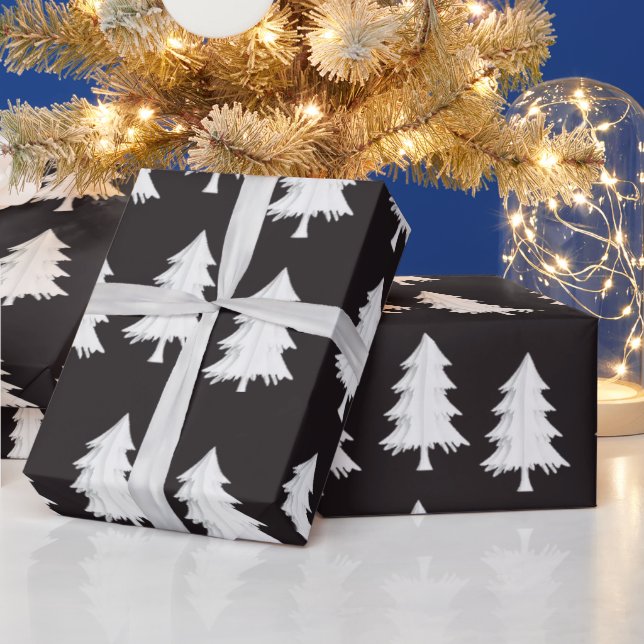 White Christmas Tree Wrapping Paper Black  (Holidays)