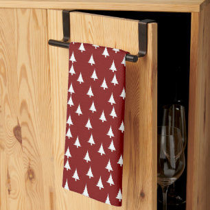 White Christmas Trees Dark Red Kitchen Towel