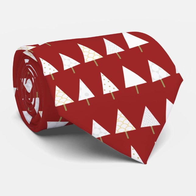 White Christmas Trees on a Red Background Festive Neck Tie (Rolled)