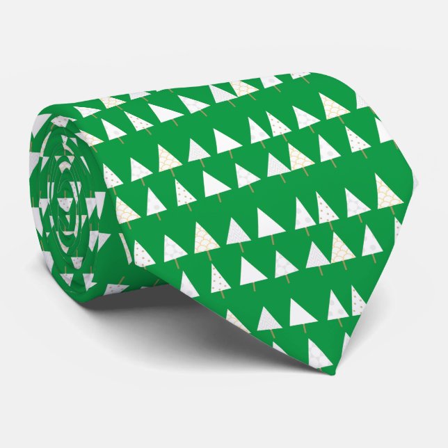 White Christmas Trees on Green Christmas Party Neck Tie (Rolled)