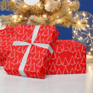 White Christmas Trees on Red Wrapping Paper