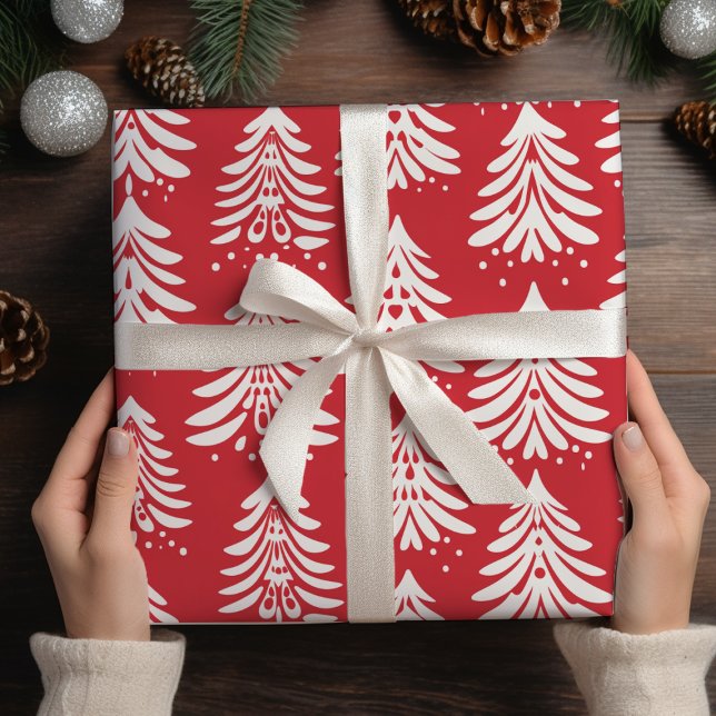 White Christmas Trees Red Christmas  Wrapping Paper (Creator Uploaded)