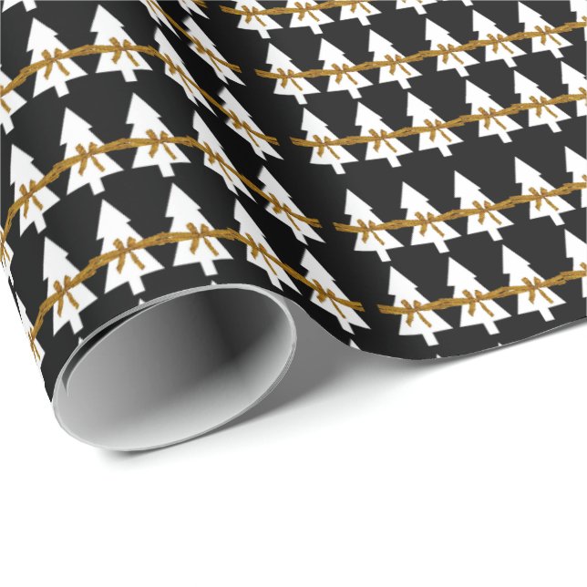 White Christmas Trees Wrapping Paper Black (Roll Corner)