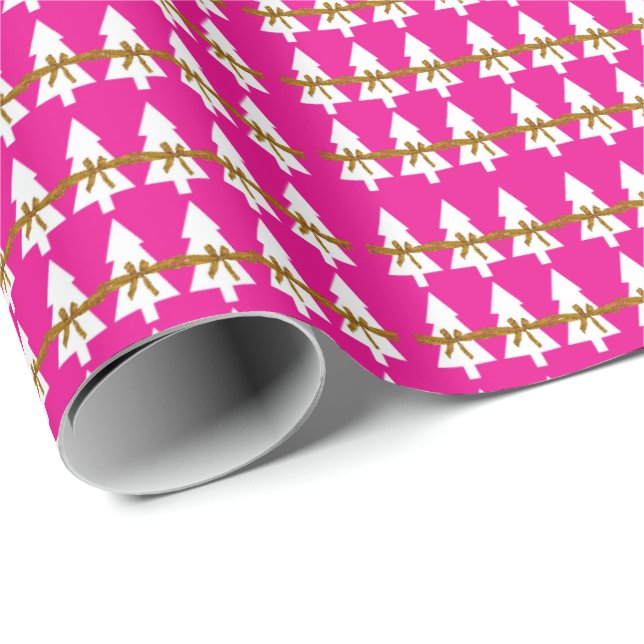 White Christmas Trees Wrapping Paper Hot Pink  (Roll Corner)