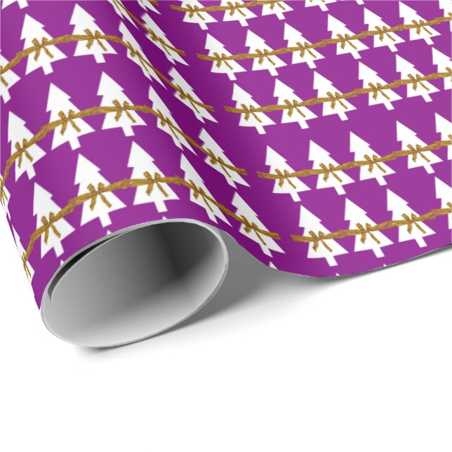 White Christmas Trees Wrapping Paper Purple  (Roll Corner)