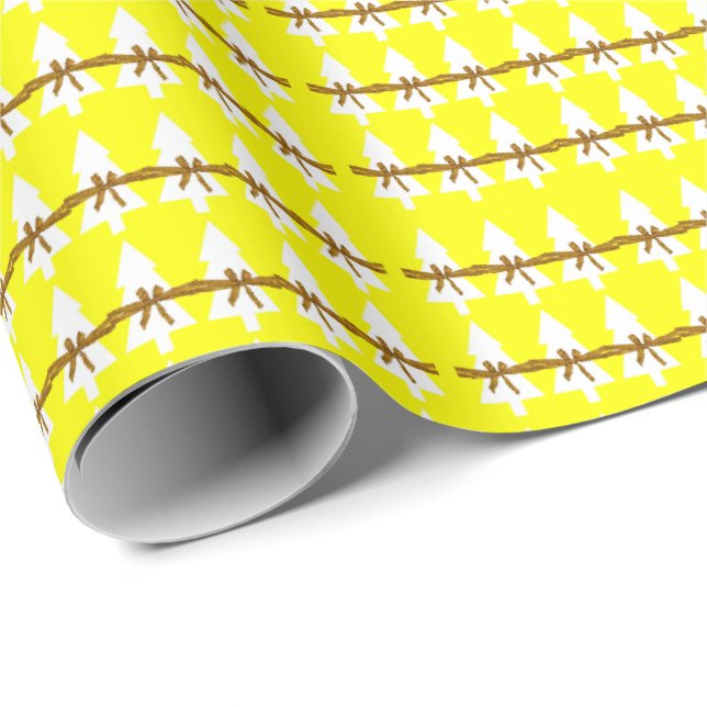 White Christmas Trees Wrapping Paper Yellow (Roll Corner)