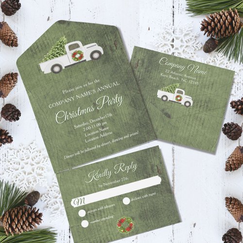 White Christmas Truck Green Wood Company Party All In One Invitation