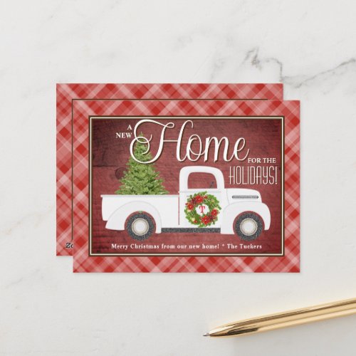 White Christmas Truck Red Plaid Wood Moving Postcard