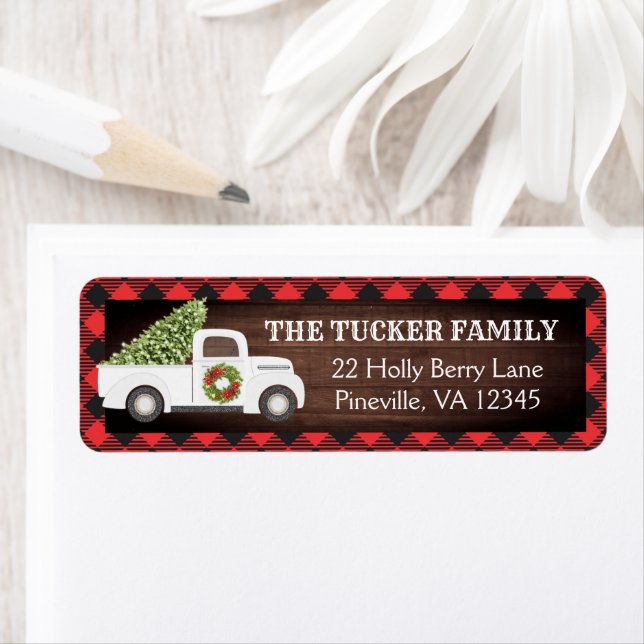 White Christmas Truck Tree Plaid Rustic Address Label (Insitu)